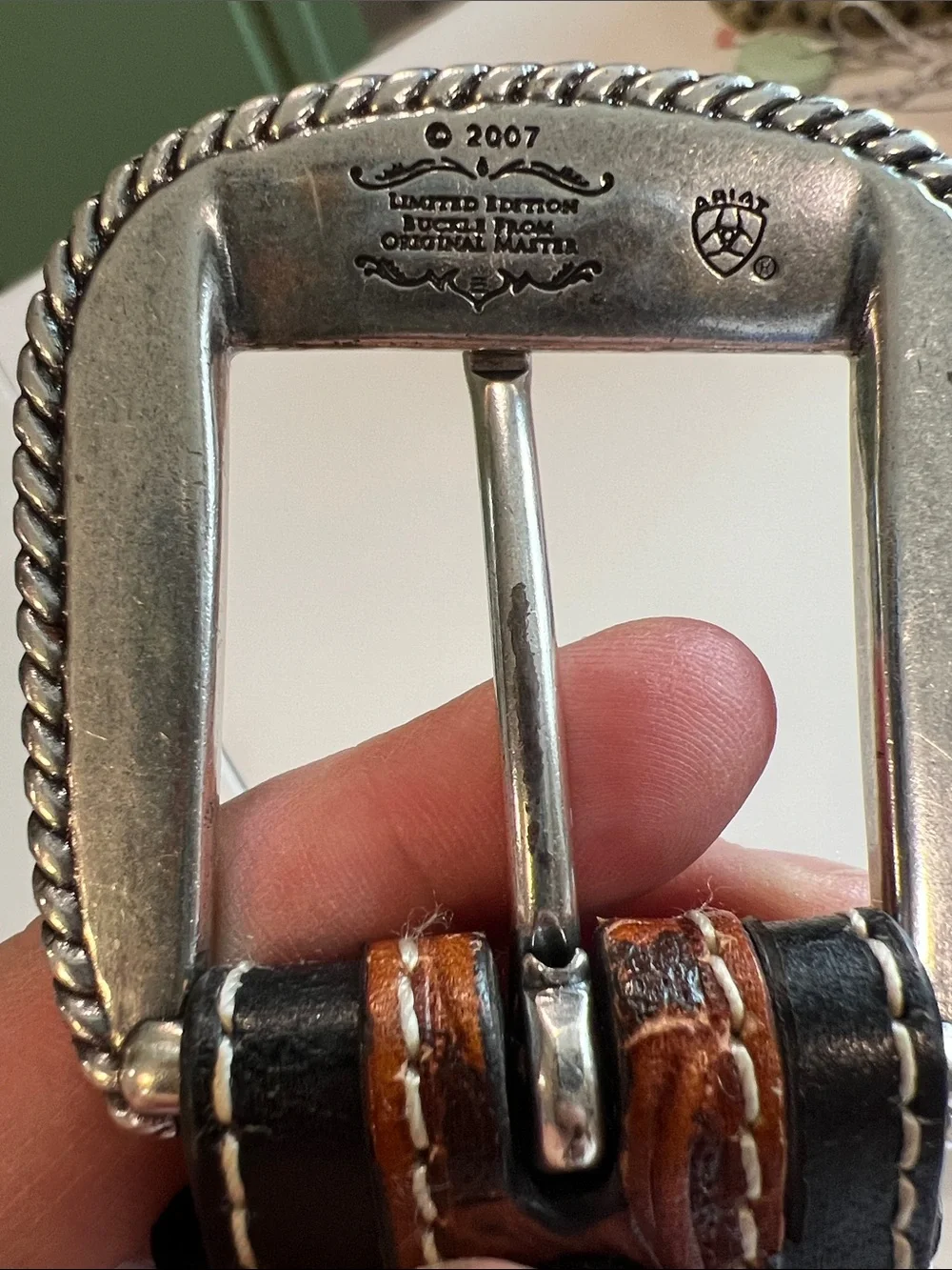Vintage 2007 Ariat Brown Leather Belt - tooled strap, limited edition buckle, 44